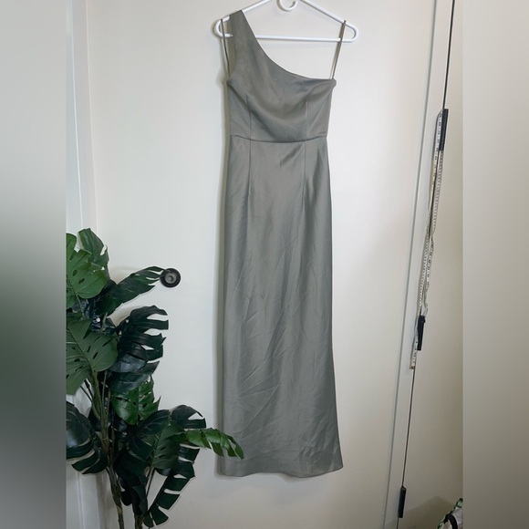 BHLDN Anthropologie Dylan One Shoulder Satin Side Slit Gown Green NEW Size 6 - Picture 4 of 13
